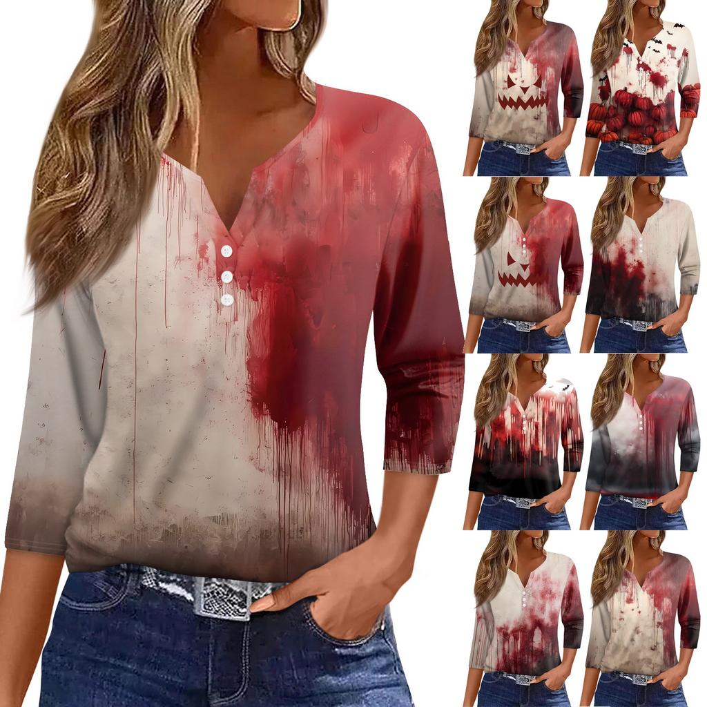 Damski T-shirt z nadrukiem Halloween, zapinany na guziki, rękaw 3/4, codzienny, weekendowy, modny, podstawowy, dekolt w serek, regularny top