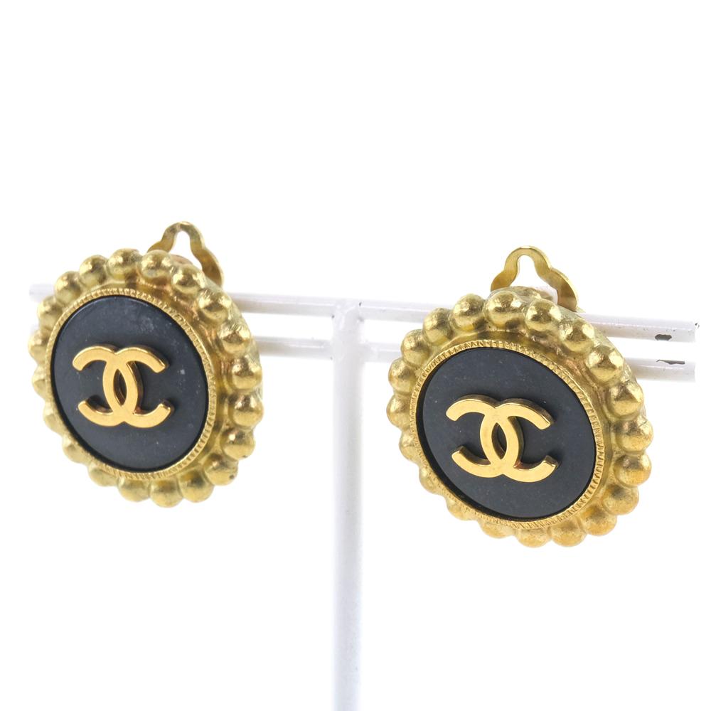 Chanel COCO Mark Earring Vintage Black Plated Gold 27g Women Used