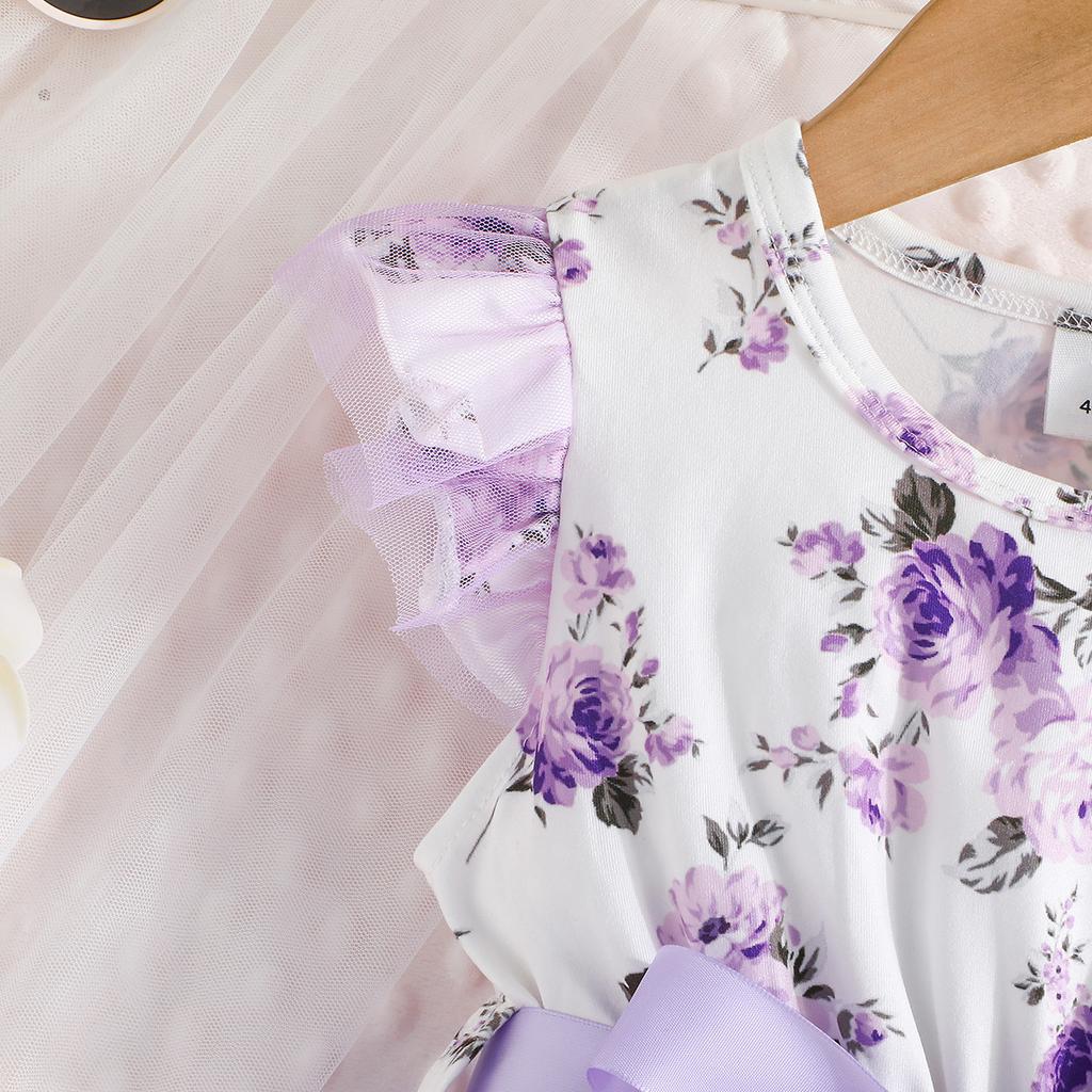 4-7 Years Old Floral Print Patchwork Mesh Sleeveless Dress