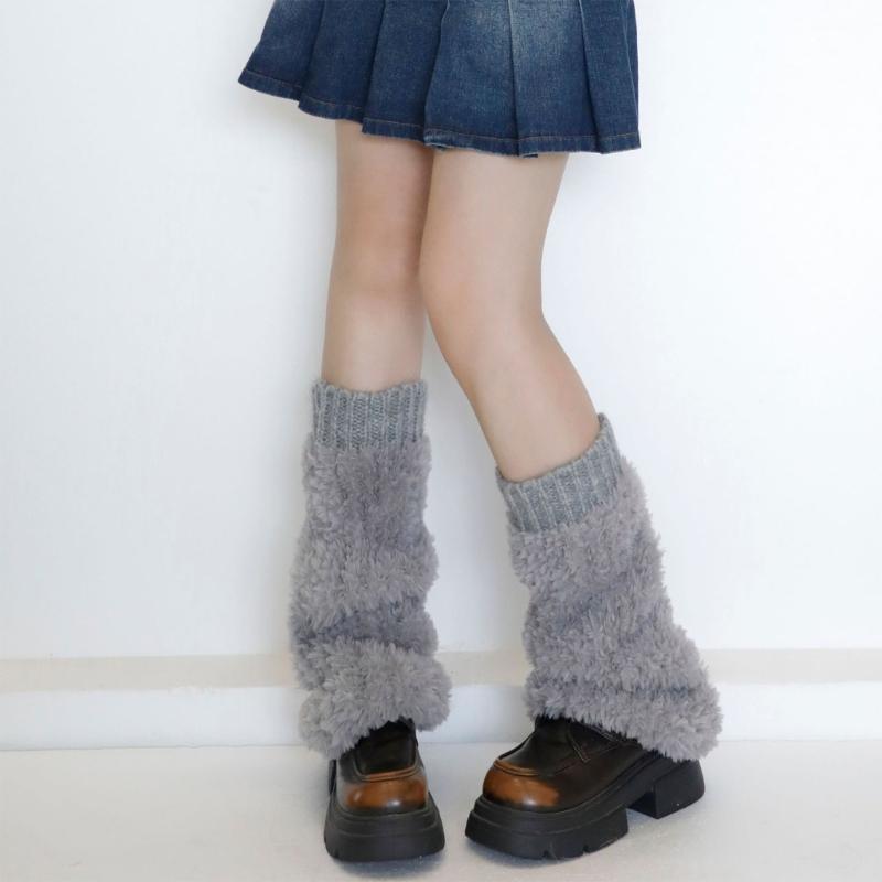 Ribbed Knit Cuffs Furry Leg Warmers for Women Students Winter Furry Plush Boot Covers Stretchy Calf Socks Streetwear