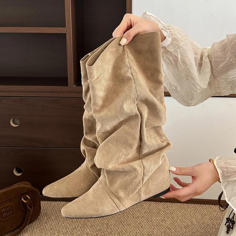 Fashion 2025 Winter Fashion Pleated Woman Knee-High Boots Pointed Toe Internal Elevation Shoes Street Style Mordern Long Botas Mujer