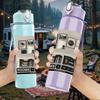 1PC Vintage Room Furniture Rectangular Print 750ml Colorful Plastic Sports Water Bottle Leakproof Pop Up Lid with Straw for Outdoor Work Home Use
