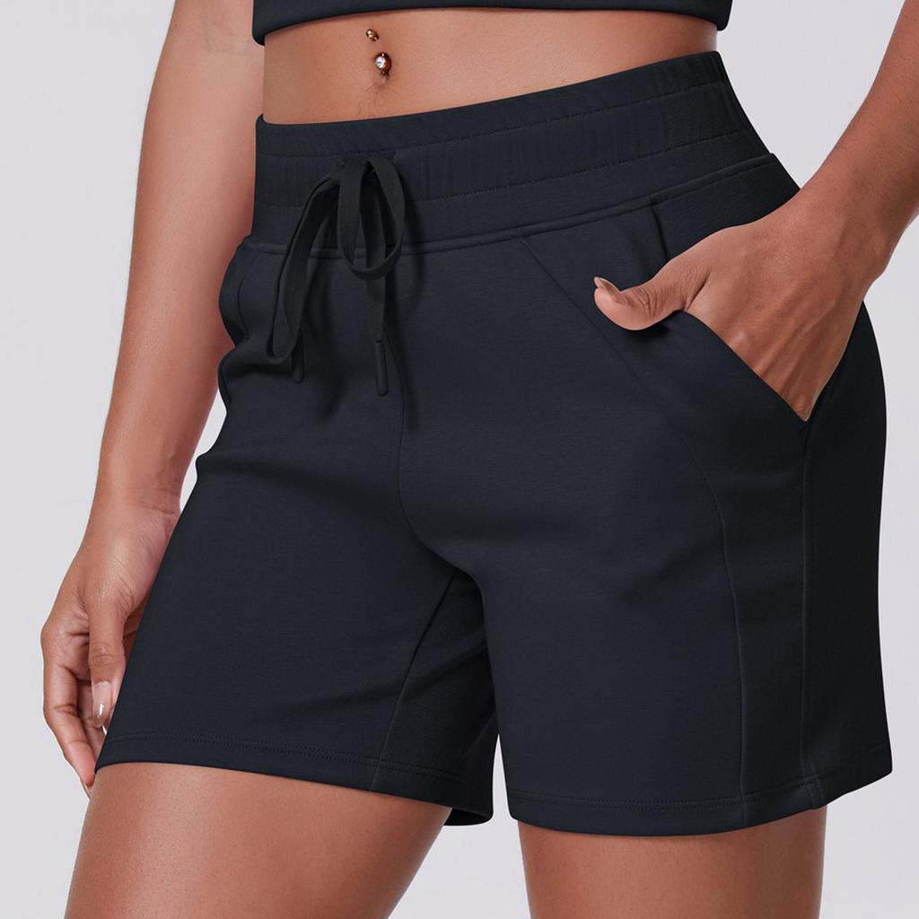 Women's Casual Loose Solid Color Drawstring Pocket Yoga Running Fitness Three Quarter Shorts