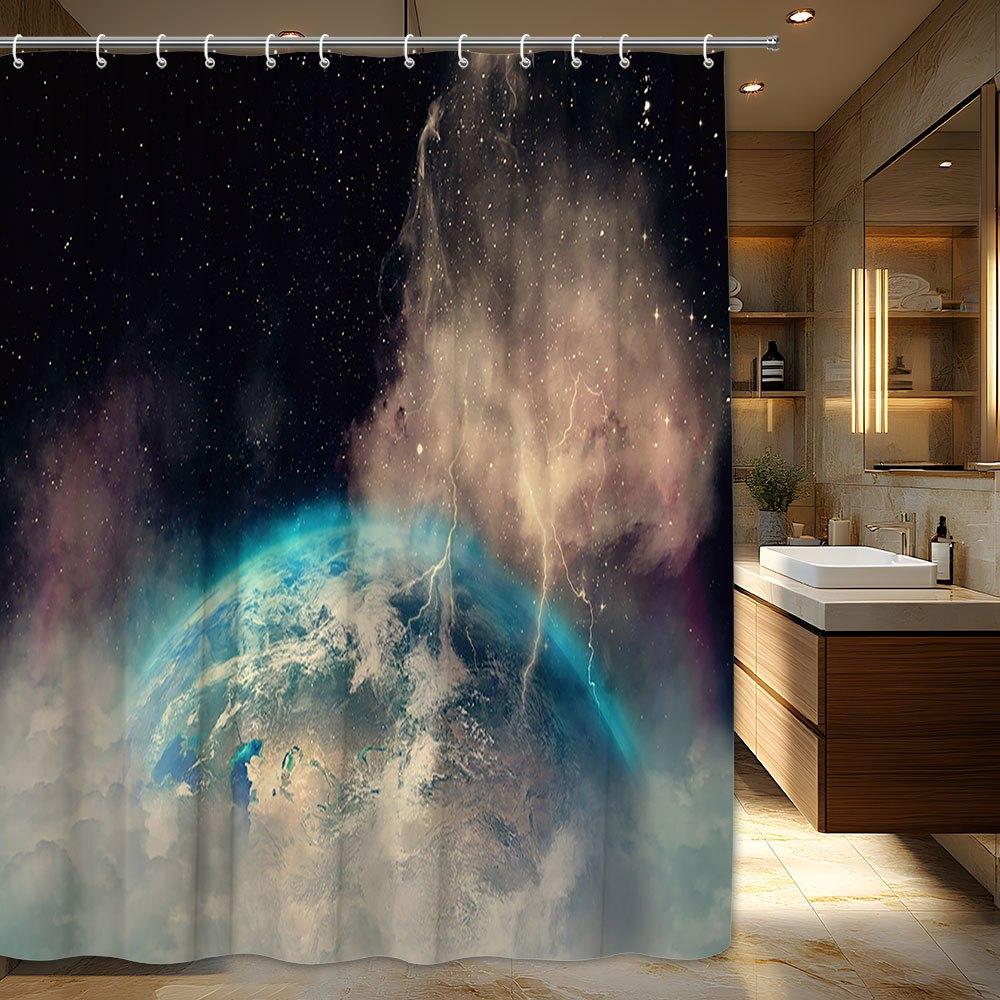 1pc Earth from Space Shower Curtain - Digital Art, Ethereal Clouds & Nebula, Golden Bolt, Polyester,  Bathroom Decor