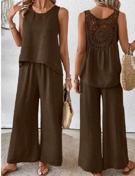 YYFS Women's Fashion Casual Spring Autumn Solid Color Print Sleeveless O-Neck Trousers Pants Suits