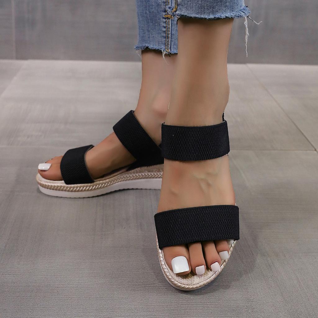 Fashion Women's Sandals Elastic Strap Thick Heel Slip-On Summer Casual Large Size Shoes PU Leather Inner Material TPR Outer Material