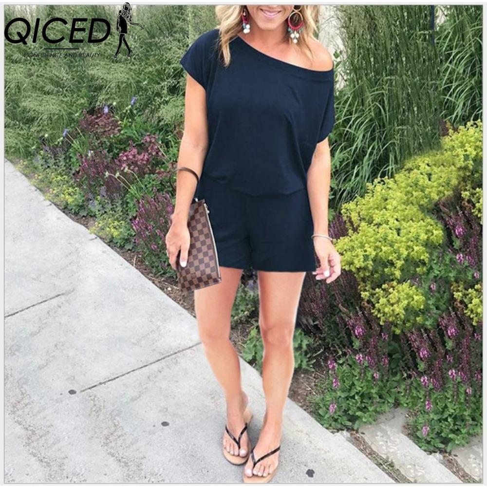 

QICED Женский весенне-летний модный комбинезон с косыми плечами и короткими рукавами и карманами XXXL темно-синий