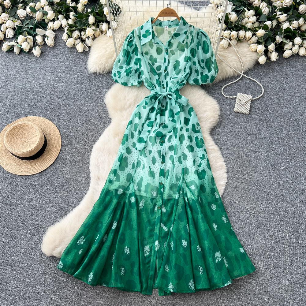 Robe Mi-Longue Imprimé Léopard Style Designer pour Femme Décontractée Coupe Ample avec Manches Bouffantes Liens à Nouer Robe Longue en Mousseline