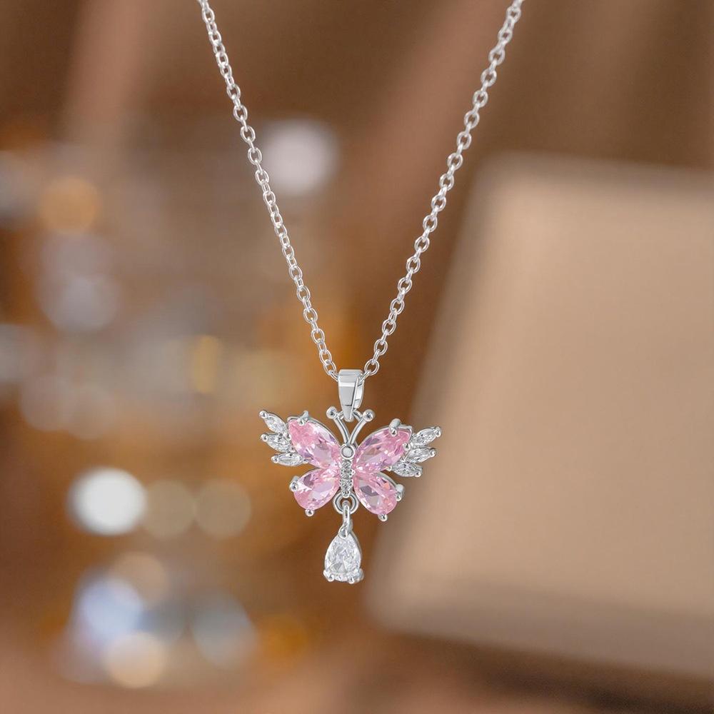 Animal Female White Pink Blue Zircon Stone Butterfly Water Drop Pendant Necklace Vintage Silver Color Wedding Jewelry For Women