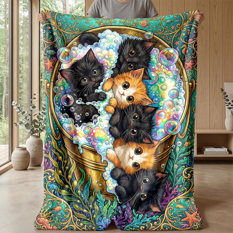 Kittens in Hammock with Flowers Theme blanket Lightweight Warm Flannel Blanket Decorative Throw Blanket for Home Decoration
