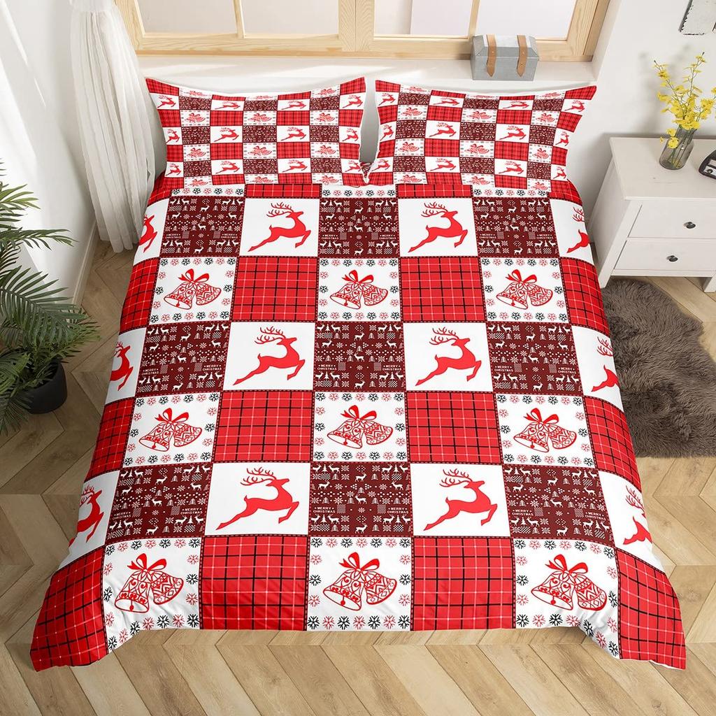 Christmas King Queen Duvet Cover Santa Claus Snowman Bedding Set Red Green Grid Checkered Quilt Cover Polyester Comforter Cover