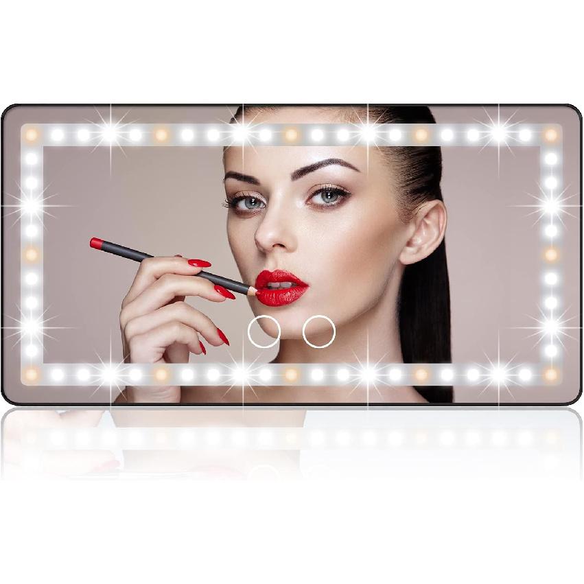 Car Sun Visor Vanity Mirror, with 3 Light Modes & 60 LEDs - Rechargeable Dimmable Clip-on Rear View Sun-Shading Cosmetic Makeup Mirror, Universal for