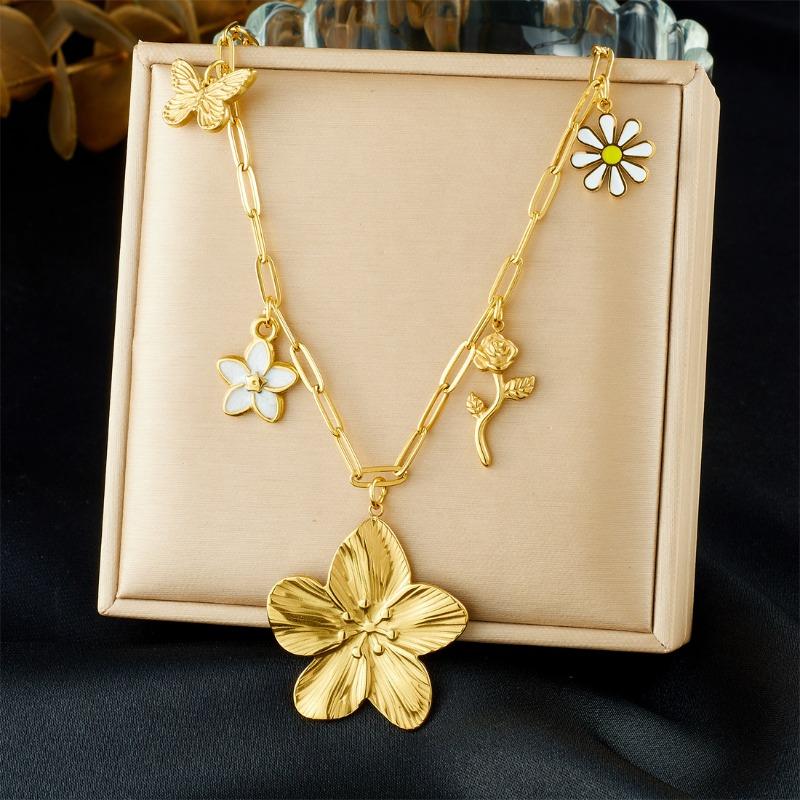 Gold Paperclip Chain Necklace with Flower and Butterfly Charms