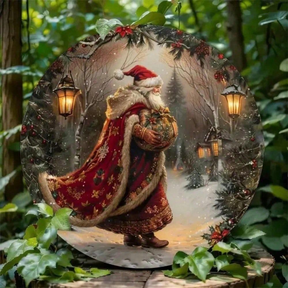 Vintage Santa Claus Metal Wall Art 8x8 Inch Retro Snow Scene Aluminum Sign Weatherproof Home Decor