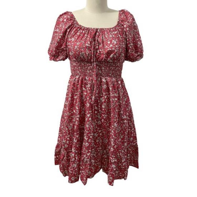 Square Neck Boho Floral Summer Dress Women Short Sleeve Smocked Swing A Line Flowy Ruffle Beach Sundress