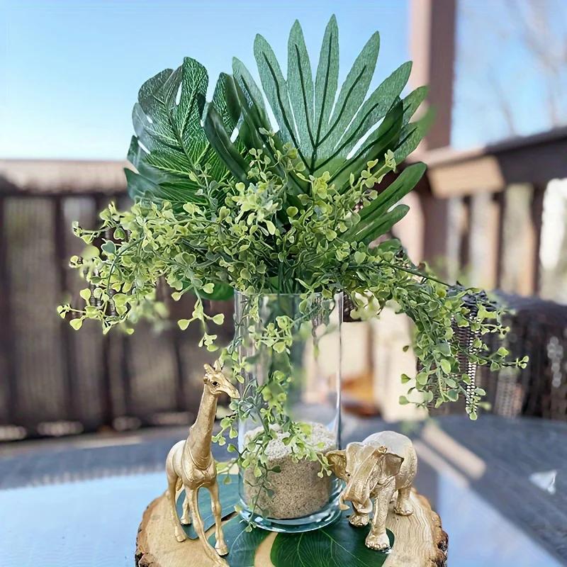 Tropical Palm Leaves, Artificial Hawaiian Luau Safari Jungle Decor, Plastic Faux Plants for Fall Season, Tabletop Decoration