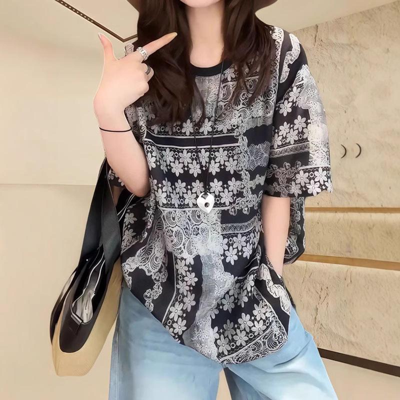 European Station 2025 Women's Round Neck Print Oversized T-Shirt - Summer Short Sleeve Versatile Top