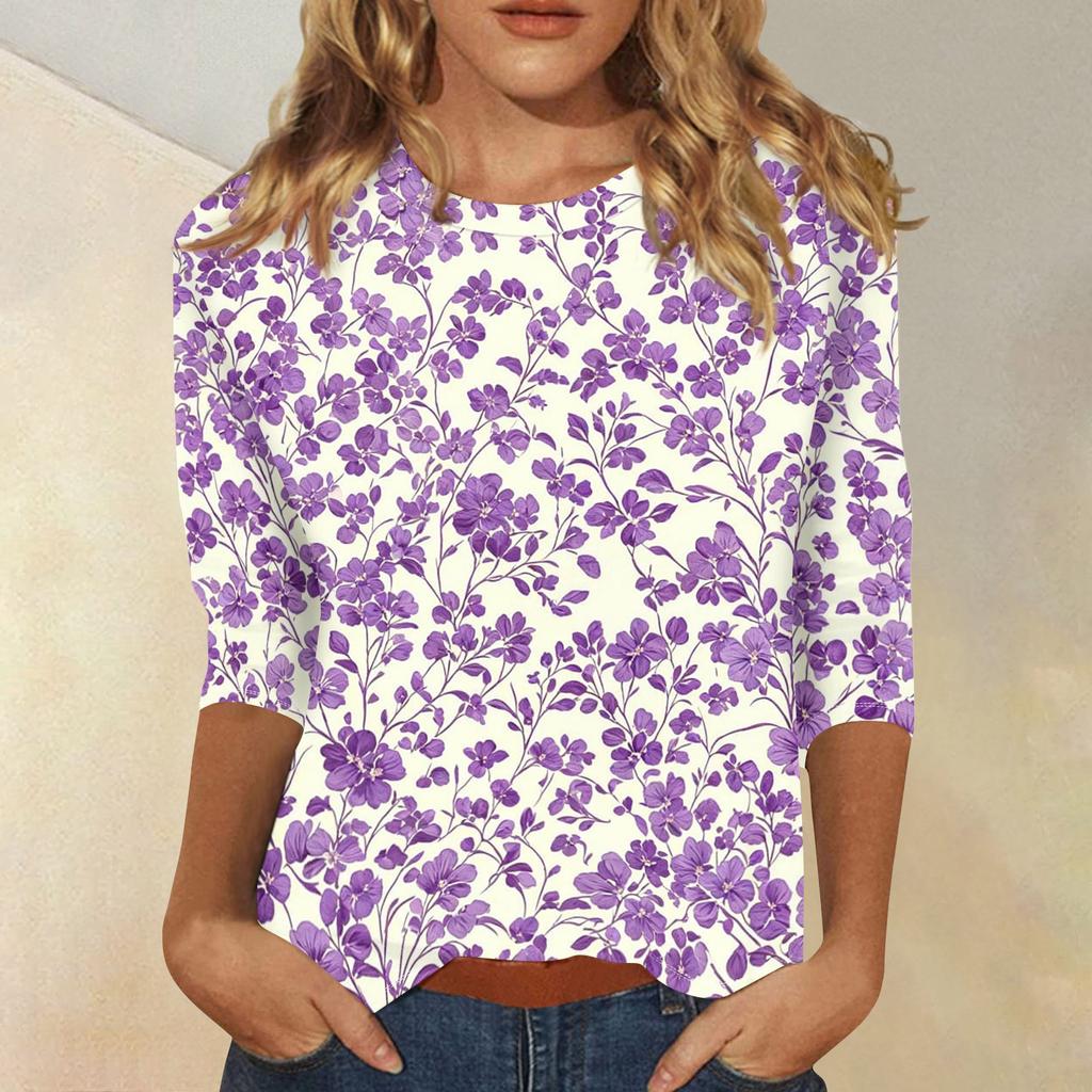 Damen Casual Blumenmuster Dreiviertelarm Rundhalsausschnitt Oberteil Leicht Bequem Sitzend Weicher Stoff Bluse für den Alltag