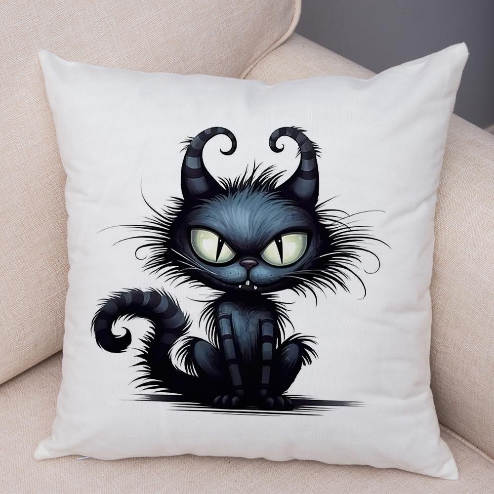 Grumpy Black Cat Pillowcase Double Print Striped Whimsical Cat Cushion Cover Soft Plush Curly Eared Fierce Cat Pillowcase