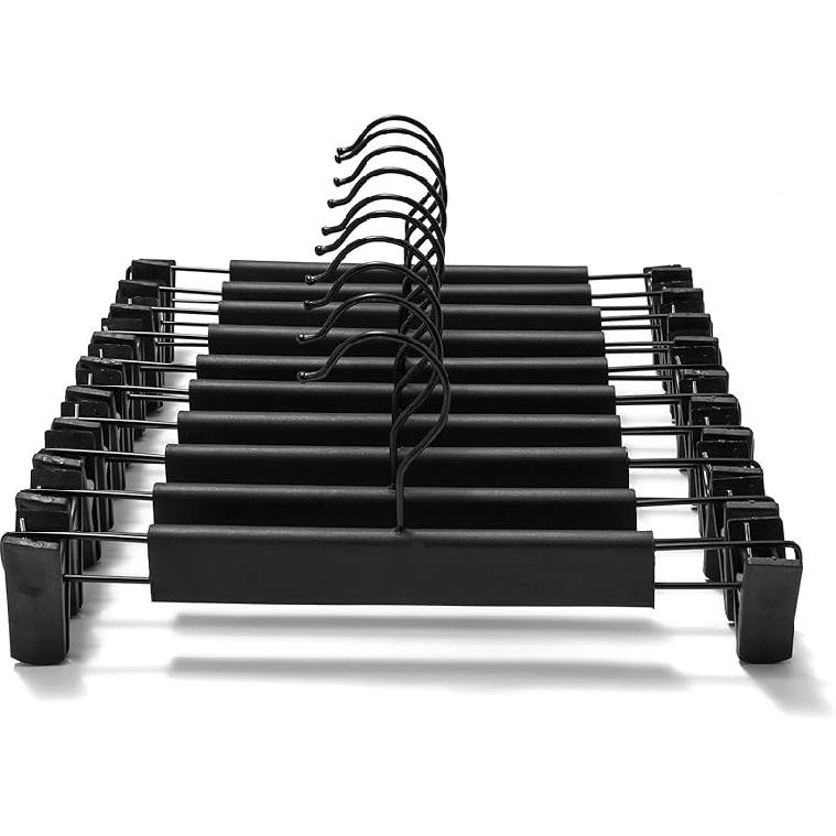 10 Pack Clothes Pants Hangers, Space-Saving Skirt Holders with 360 ° Swivel Hooks, Adjustable Clips, Trouser Coat Garment Jeans Black 10 Pack