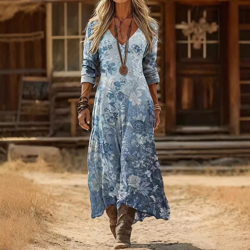Creative Tie-dye Printing Women's New V-neck Long-sleeved Dress Medium and Long Dress