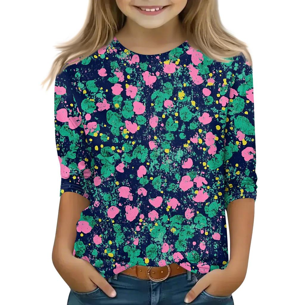 Print Tops For Youth Girls 5-16 Years Round Neck 3/4 Sleeves T-Shirts Trendy Tops Outfit Tees