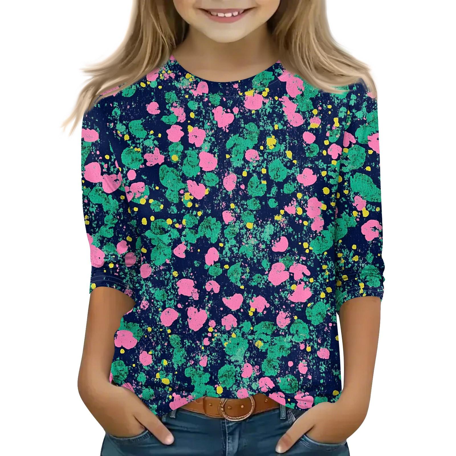 

Топы с принтом для девочек 5-16 лет с круглым вырезом и рукавами 3/4 Футболки Модные топы Наряды Футболки 120 тёмно-синий