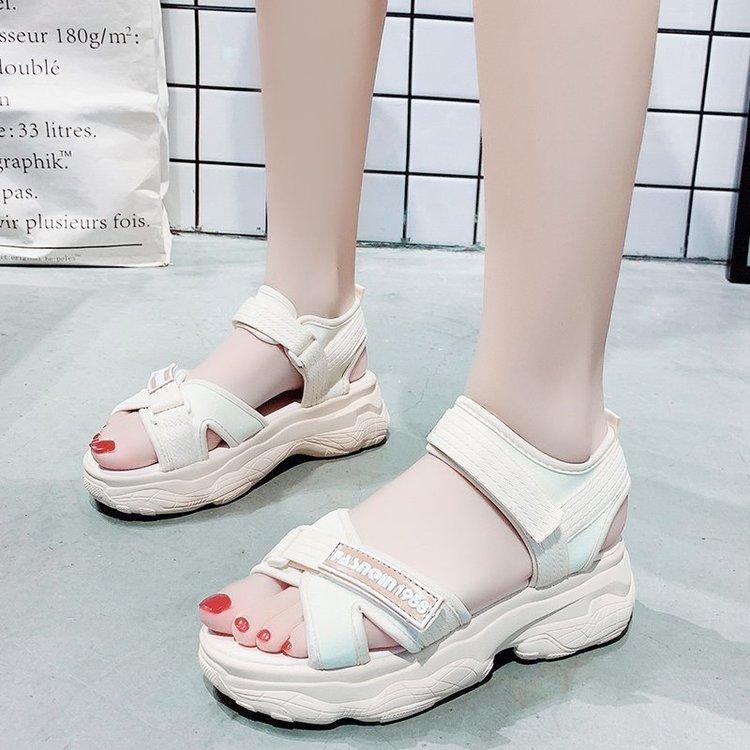 Foreign trade sandals women's rubber muffin heel fabric breathable fashion 2025 summer Velcro sports sandals