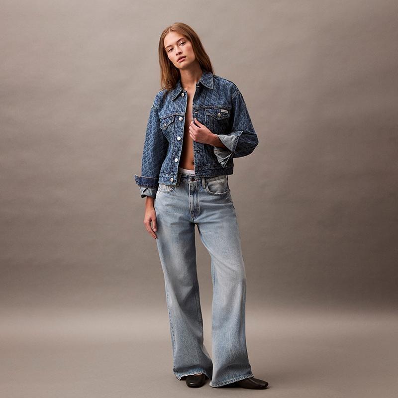 CALVIN KLEIN SS25 Jeans CK All-Over Print Vintage Washed Cropped Denim Jacket Women 47B010G