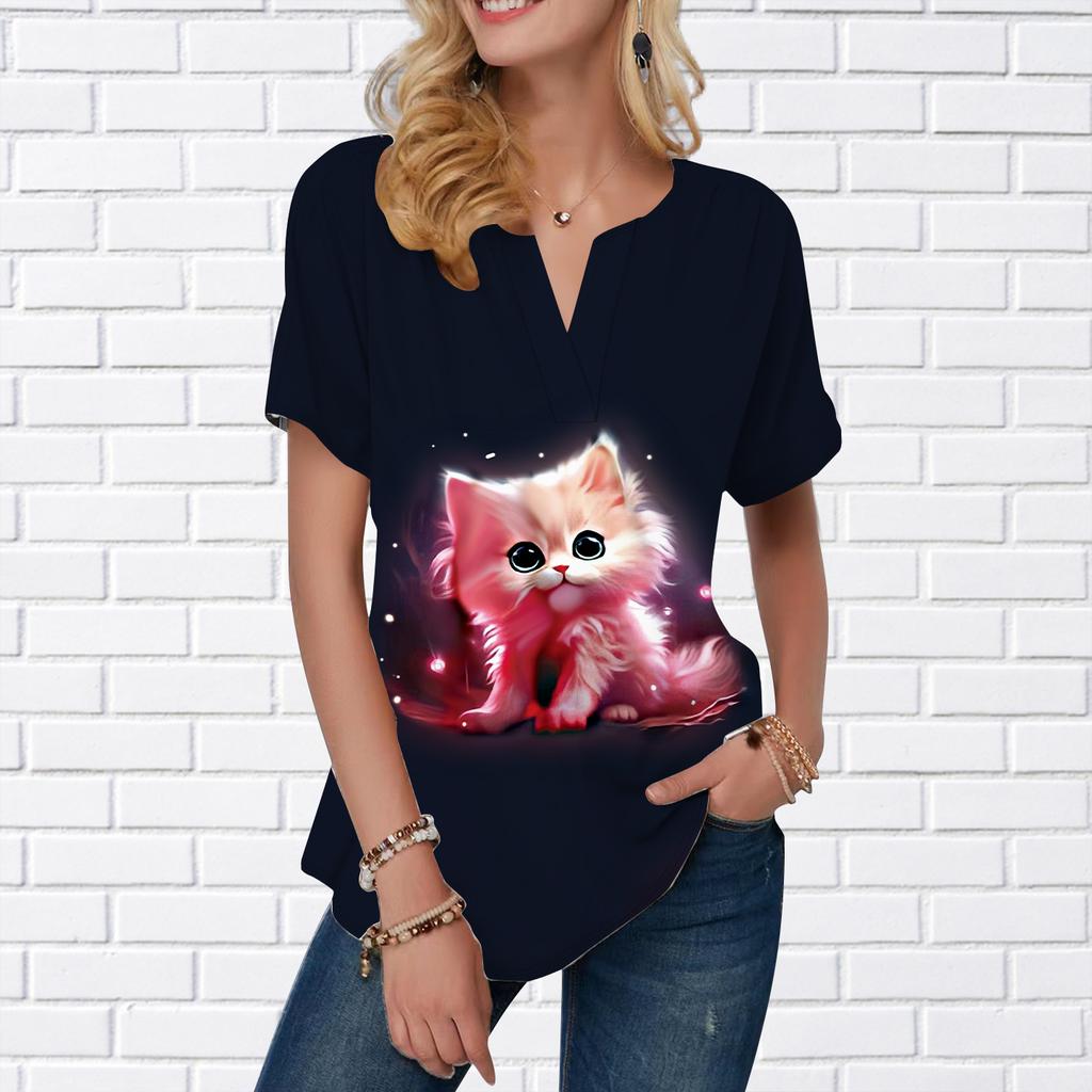 Women Summer T Shirt Colorful Starlight Cat Print Short Sleeve Tees Casual Printed Tops Small V-neck Short Sleeves
