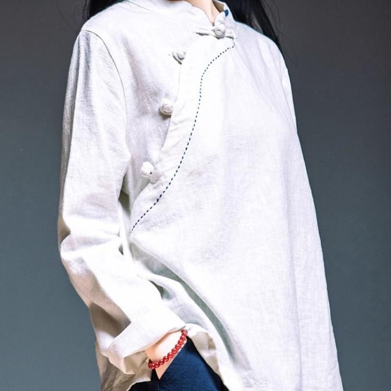 Umělecká retro košile z bavlny a lnu s dlouhým rukávem na jaro a léto Dámské podzimní Volný střih Stojáček Šikmý límec Tlačítko Top