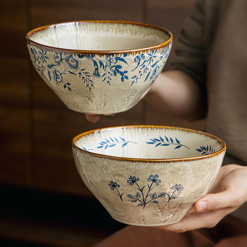 Retro Style 7-Inch Relief Ceramic Ramen Bowl High-Footed Soup Bowl Eating Noodles Large Bowl Instant Noodles Mixing Bowl Outlet