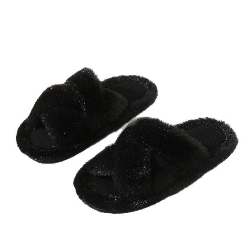 2025 Autumn/Winter Women's Furry Plush Cross Slippers — High-End Outdoor/Home Thick-Soled Large Size