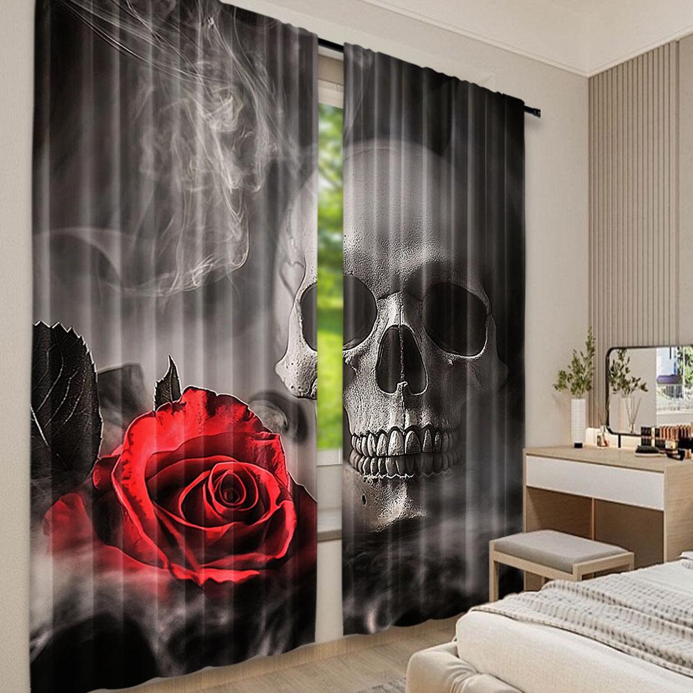 2Pcs Sugar Skull Adult Curtain For Lover Sweetheart Roses Curtains Halloween Curtain Suitable For Living Room Dining Room