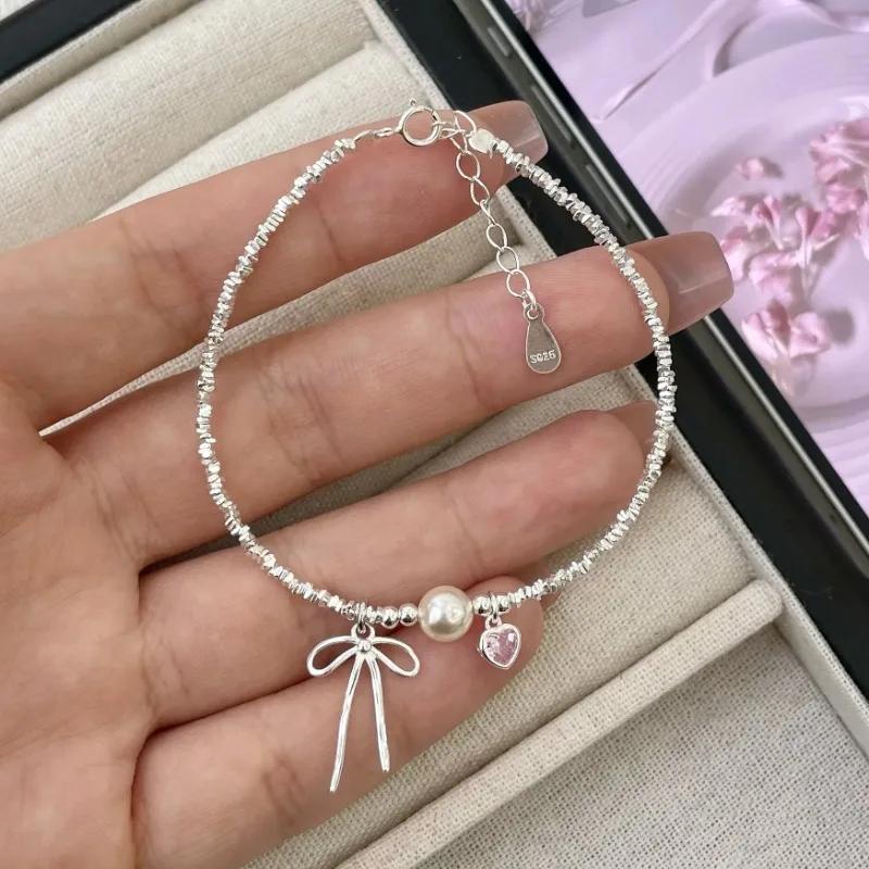 925 Silver Pearl Bracelet Women Girls Vintage Korean Pink Love Bow Chain Party Jewelry Luxury Gift