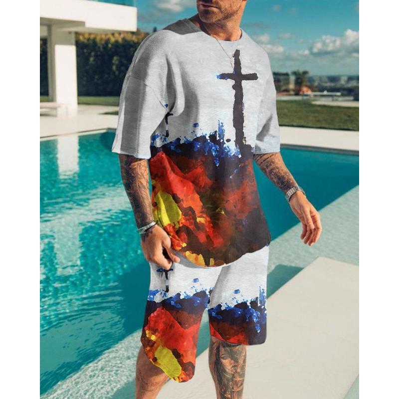 Summer New Men's Suit 3D Printig Geometric Patterns Short Sleeve  Shirt Shorts Suit Fashion Shirt Men's Two Piece Set Streetwear