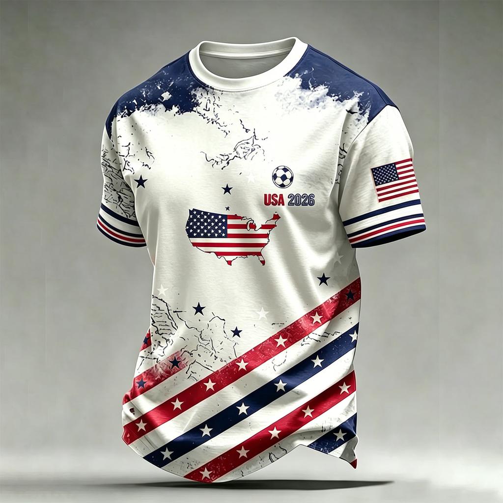 Men's Casual Printed Crew Neck Lightweight Breathable Short Sleeve Shirt Soccer Themed Graphic Design USA Map and Flag Pattern