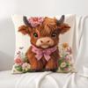 Hochlandrind und Blume Kissenbezug Natürlicher Leinen Bio-Stoff Beidseitiger Druck Sofa Heimdekor Geschenk Kissenbezug