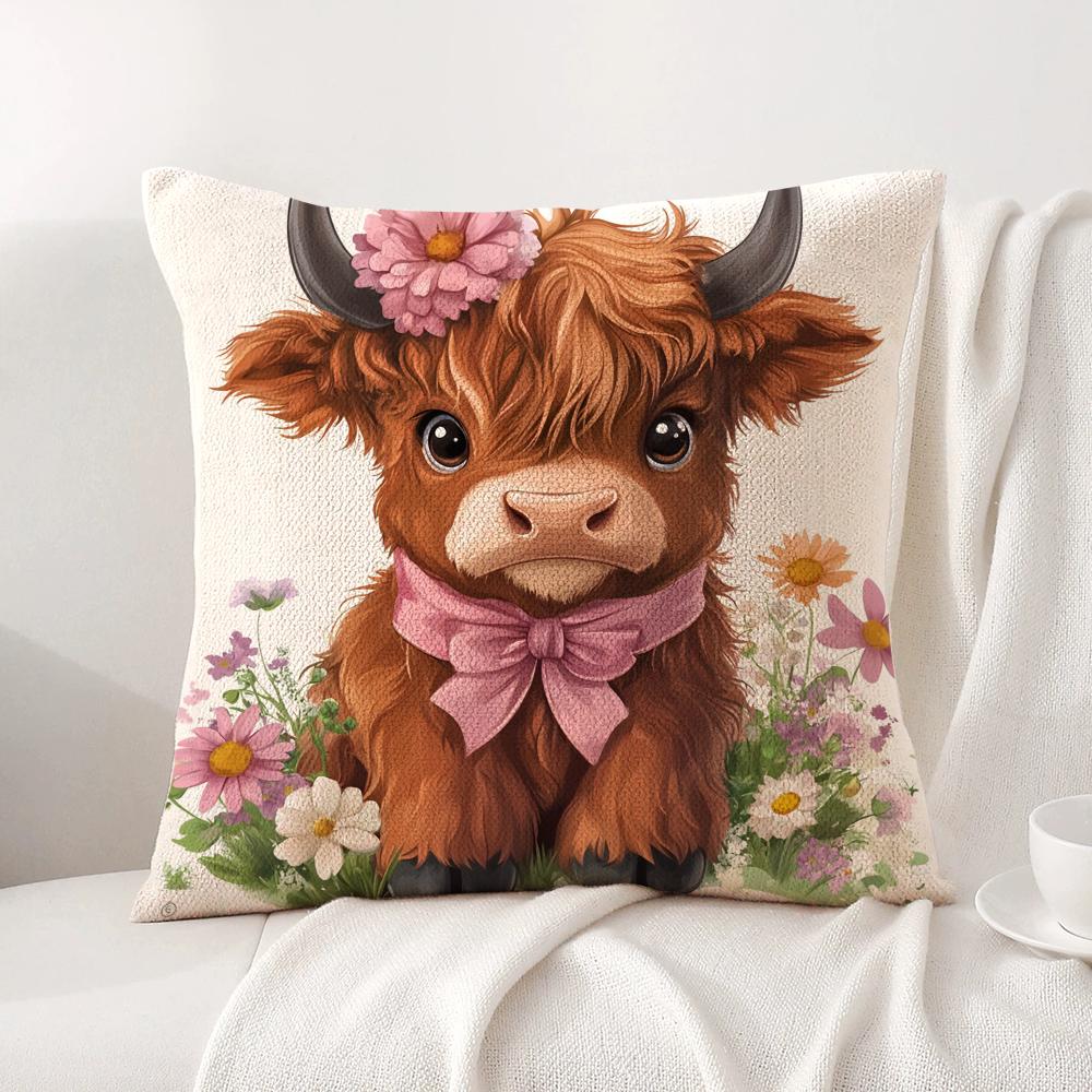 Hochlandrind und Blume Kissenbezug Natürlicher Leinen Bio-Stoff Beidseitiger Druck Sofa Heimdekor Geschenk Kissenbezug