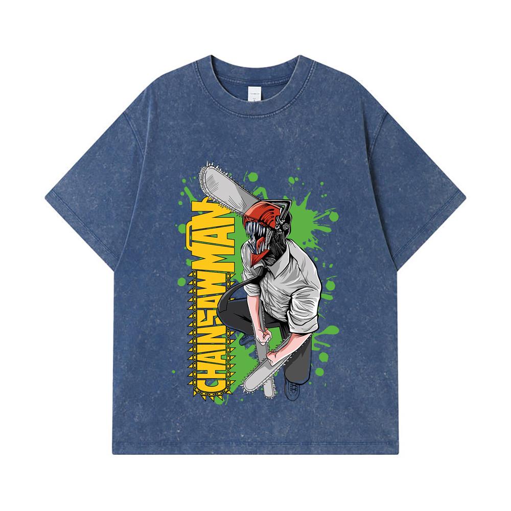 

275 GSM Washed T-shirts 100% Cotton Chainsaw Man V22 Denji Print Unisex Heavy Cotton T Shirt 2XL королівський синій колір