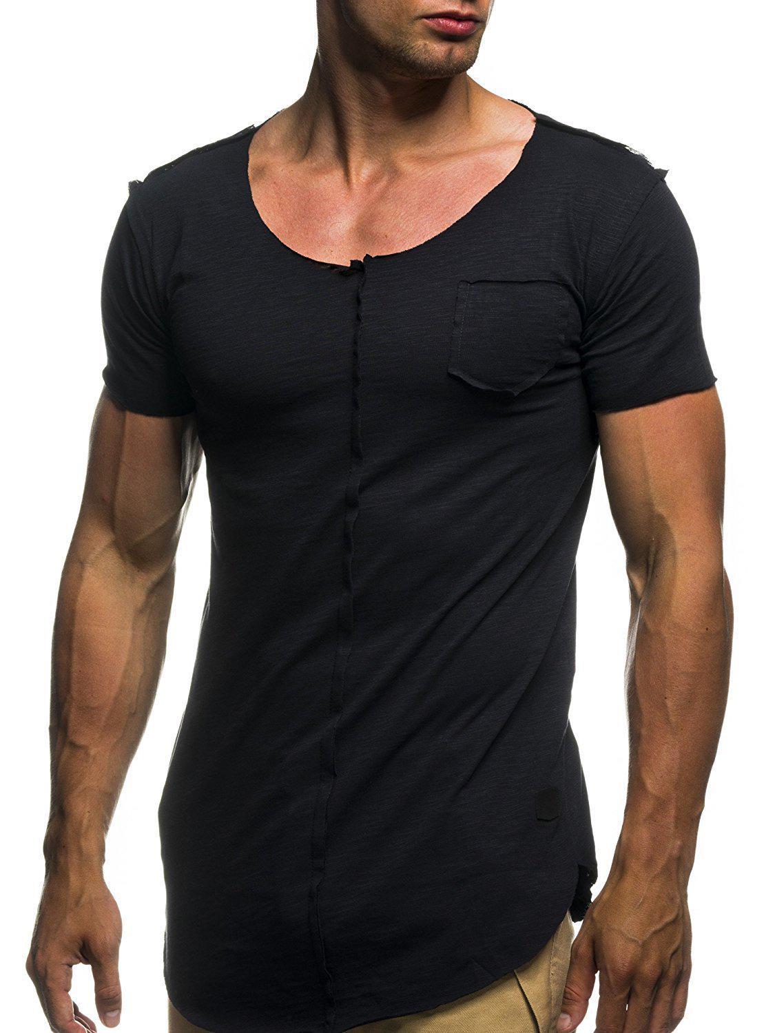 Herren lässiges Patchwork-T-Shirt mit ausgefranstem Saum, Rundhalsausschnitt und kurzen Ärmeln Large