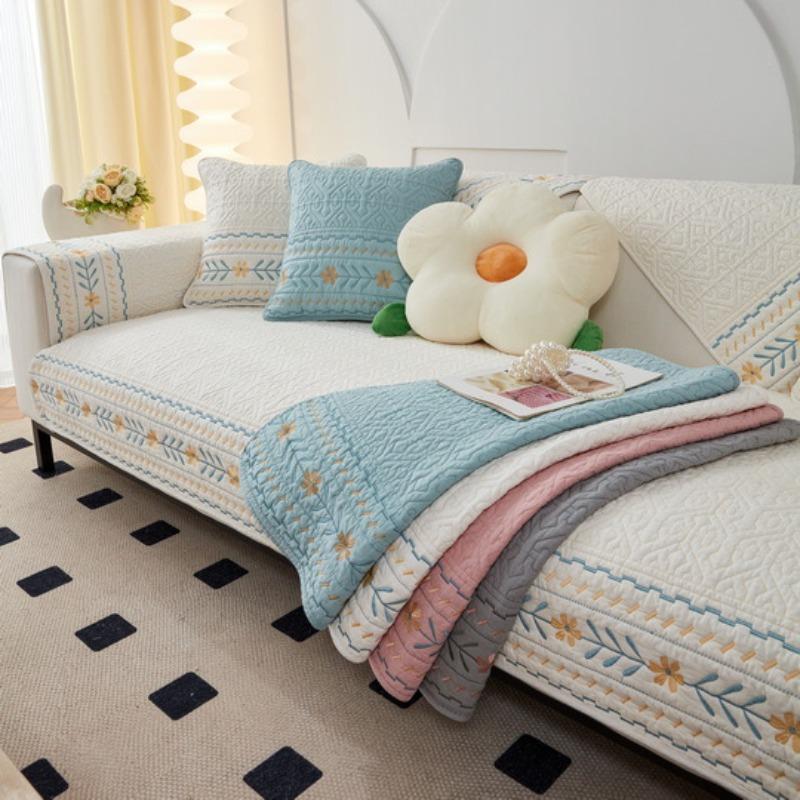 Four Seasons Universal Pure Cotton Fabric Sofa Cushion Non-Slip Simple Modern Embroidered Sofa Cover Backrest Cover Cloth Cover