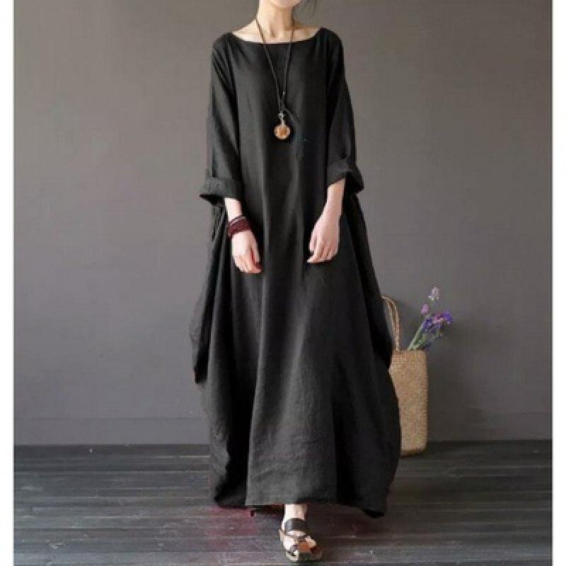 Women s Solid Color Long Sleeve Round Neck Plus Size Loose Long Dress Clothes Sale L чёрный