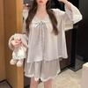 Pajamas women's spring and summer thin summer new ice silk sweet doll collar medium sleeve shorts loungewear set