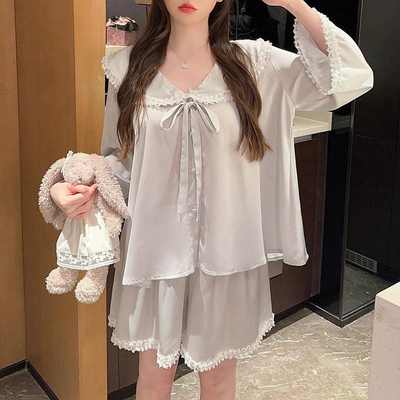 Pajamas women's spring and summer thin summer new ice silk sweet doll collar medium sleeve shorts loungewear set