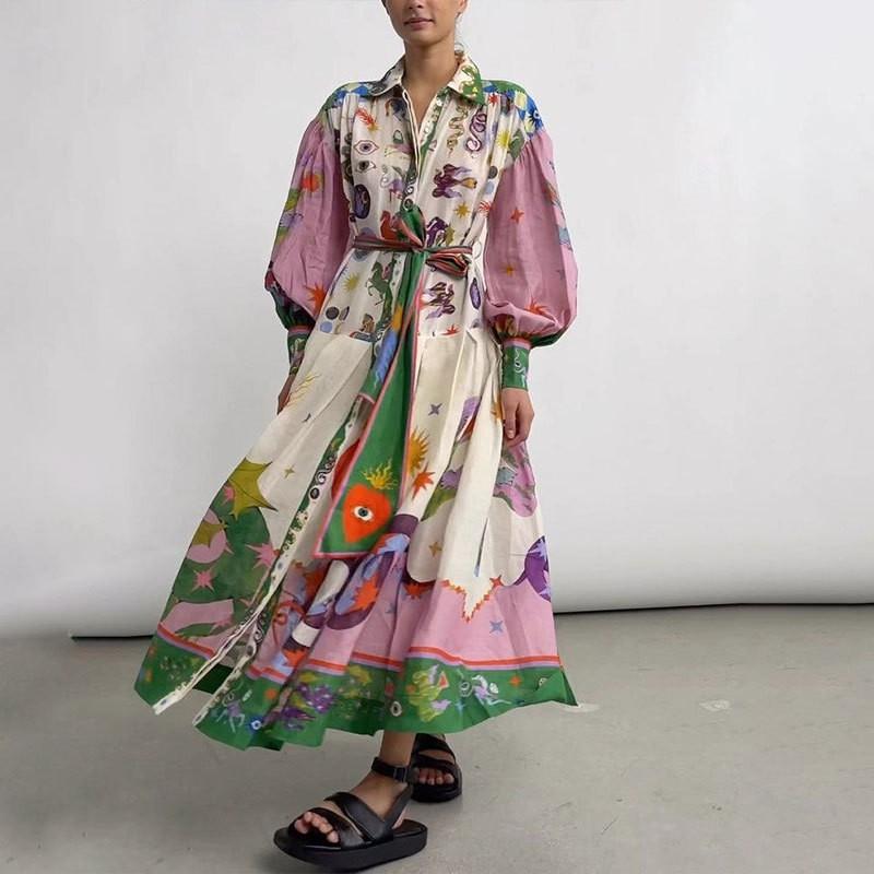 New European American Dress Fashionable Printed Lace Long-sleeved S