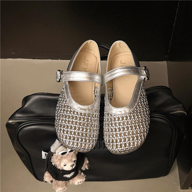 Single Shoes Women's French Mary Jane New Shallow Mouth Hollow Fishing Net Crocheted Silver 2025 Summer Roman Bean Shoes Women's Shoes