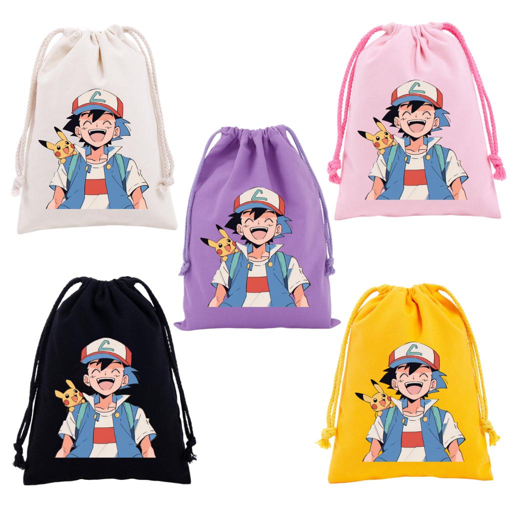 Pokemons Canvas Drawstring Bags Anime Figures Pikachu Eevee Gengar Cartoon Print Handbags Kids Birthday Party Candy Gift Bag