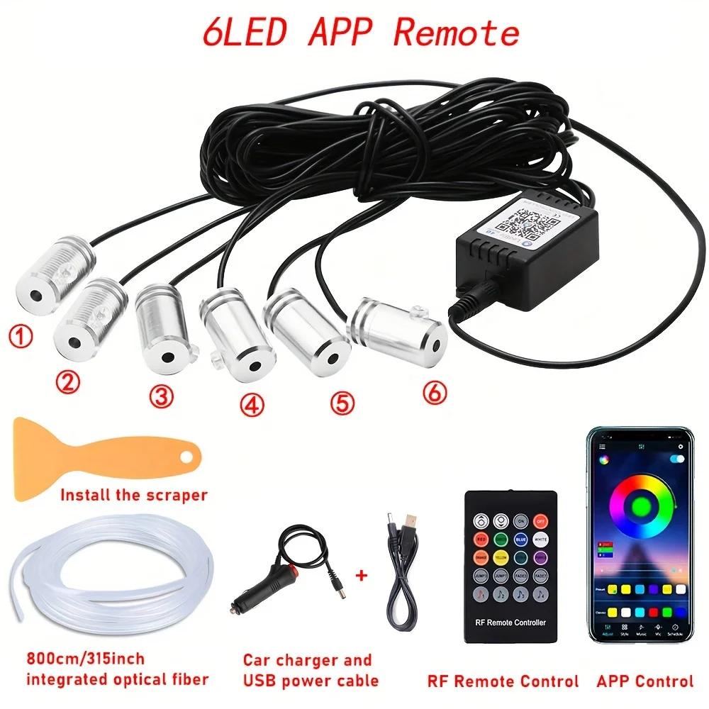 6 in 1 Car Interior Ambient LED Light Kit RGB Strip Lights with Fiber Optic Tube APP and Remote Control Neon Mood Sync Lighting 6 in 1 USB Cigarette