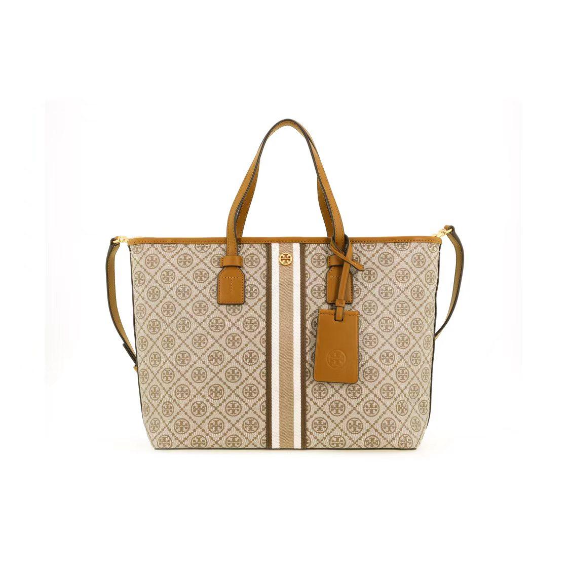 

Tory Burch T Monogram Canvas And Leather Tote Bag Women Tote Brown 81963-203 Basic Set (Bag+Dust Bag)